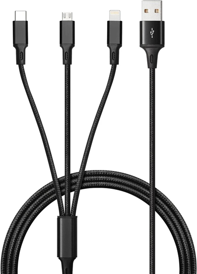 3 in 1 Flätad USB Kabel 1M 2,4A - Svart
